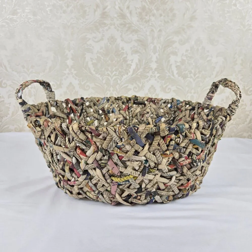 Handmade Double Handled Oval Shaped Basket Made From Newspapers
